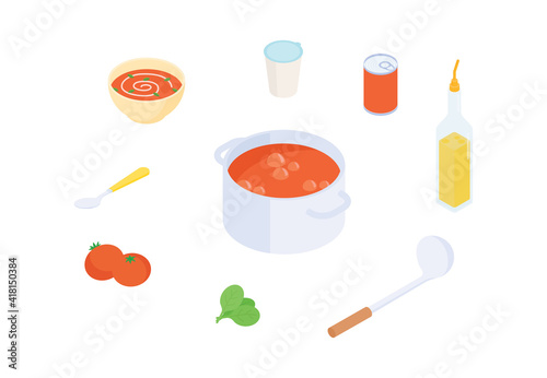 Tomato soup set. Isometric vector illustration in flat design.
