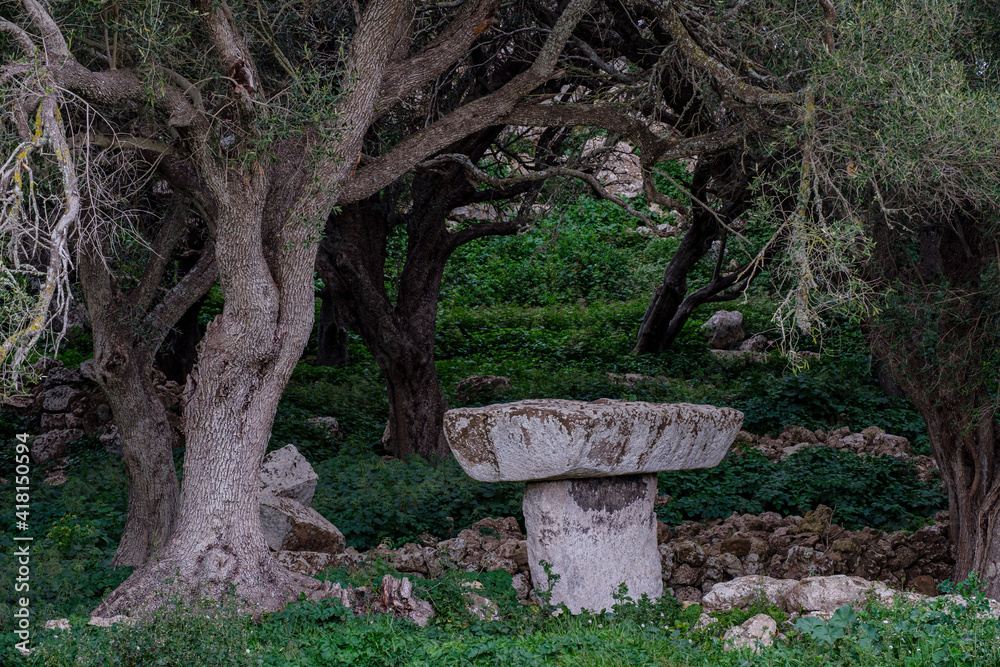 Torrellafuda, Taula shrine-enclosure, Talayotic town, Ciutadella, Menorca, Balearic Islands, Spain Torrellafuda, Taula shrine-enclosure, Talayotic town, Ciutadella, Menorca, Balearic Islands, Spain