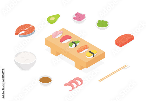 Sushi set. Isometric vector illustration in flat design. 