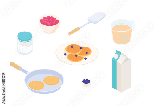 Making pancakes set. Isometric vector illustration in flat design. 