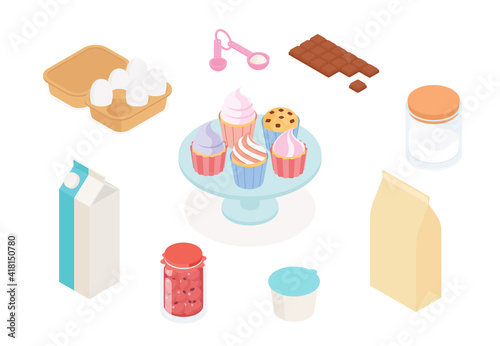 Baking cupcake set. Isometric vector illustration in flat design. 
