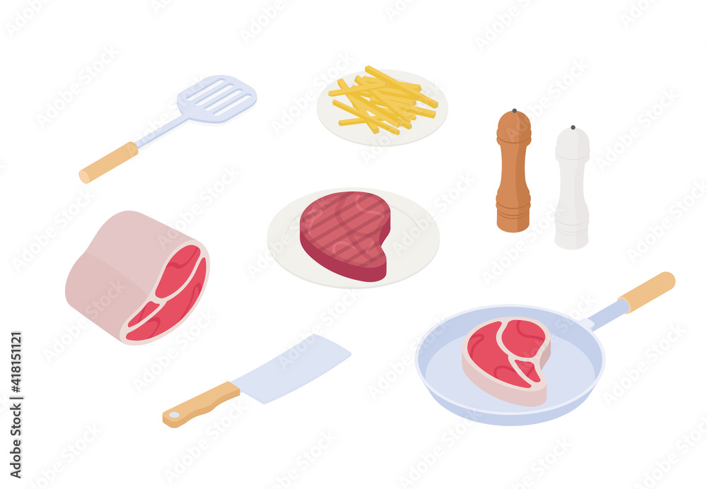 Steak grilling set. Isometric vector illustration in flat design.
Steak grilling set. Isometric vector illustration in flat design.