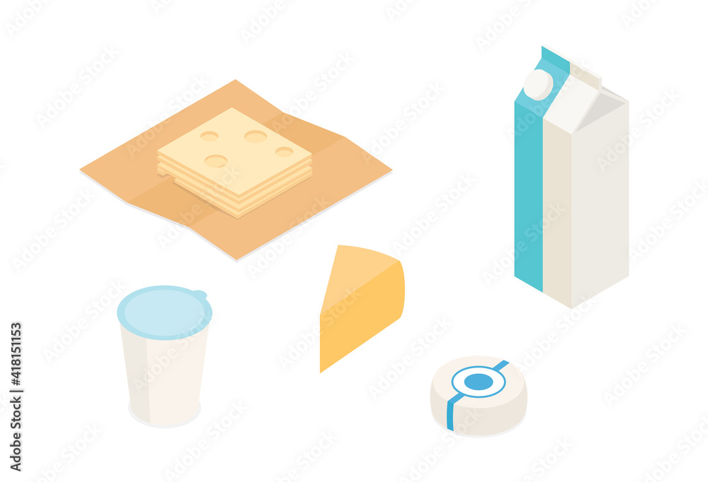 Dairy, cheeses, milk products, groceries set. Isometric vector illustration in flat design.