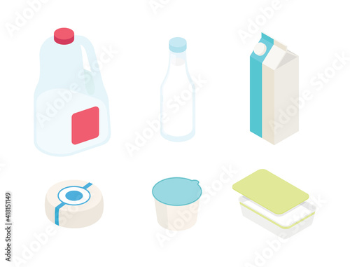 Dairy, cheeses, milk products, groceries set. Isometric vector illustration in flat design.
