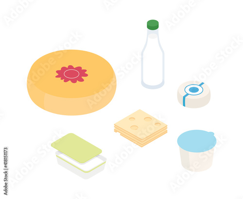 Dairy, cheeses, milk products, groceries set. Isometric vector illustration in flat design.