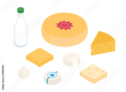 Dairy, cheeses, milk products, groceries set. Isometric vector illustration in flat design.