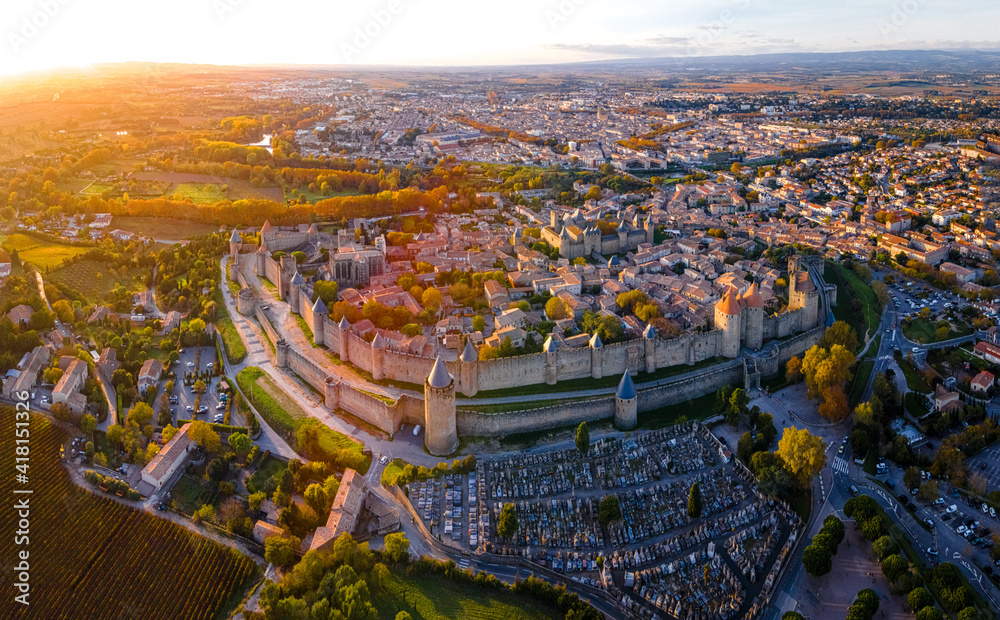 Fototapeta premium Aerial view of Carcassonne, a French fortified city in France
