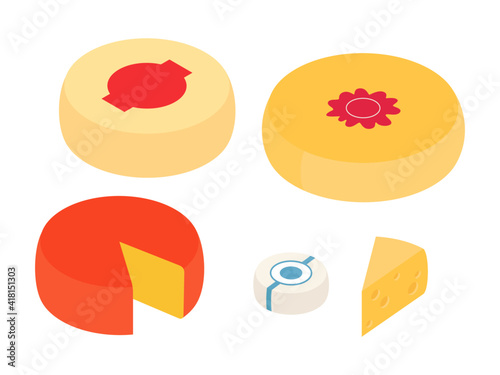 Dairy, cheeses, milk products, groceries set. Isometric vector illustration in flat design.