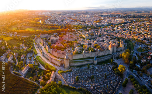 Aerial view of Carcassonne  a French fortified city in France