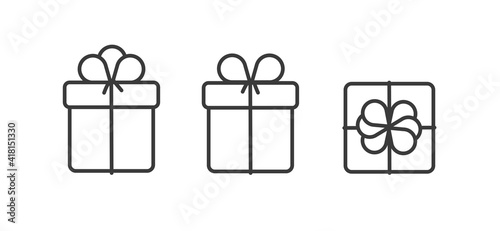 Set of linear gift boxes icons, side and top views with different bows, simle graphic element