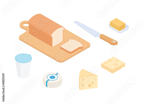 Dairy, cheeses, milk products, bread - groceries set. Isometric vector illustration in flat design.