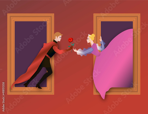 Prince is telling about his feelings and endless love to the princess. It's happening in the gallery, the prince and the princess are the heroes of the gallery pictures.