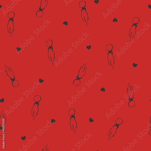 Sexy girl silhouette seamless pattern. Cute plump girl and heart seamless background. Hearts and chubby girls in random position pattern. Funny and sexy ornament with girl silhouette for panties.