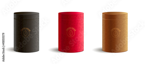 Tube package mockup with coffee beans pattern and logo in gold, presentation 3d product