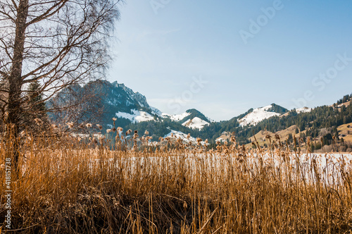 Schwarzsee, Lac Noir, Fribourg, Freiburg, Bergsee, Uferweg, Wanderweg, Schilf, Kaiseregg, Schafberg, Riggisalp, Spitzflue, Winter, Wintersport, Eisfläche, Alpen, Schweiz photo