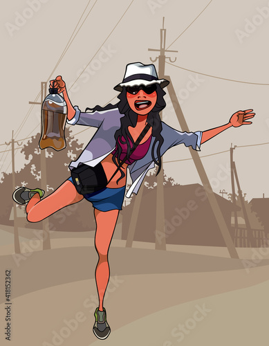 cartoon cheerful girl fooling around holding a filled plastic bottle in her hand
