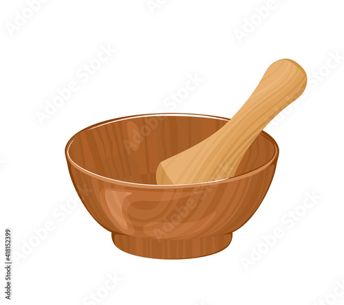 Wooden mortar with pestle isolated on white background. Vector illustration of kitchen utensils in cartoon flat style.