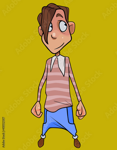 cartoon shy young man with long bangs looking to the side