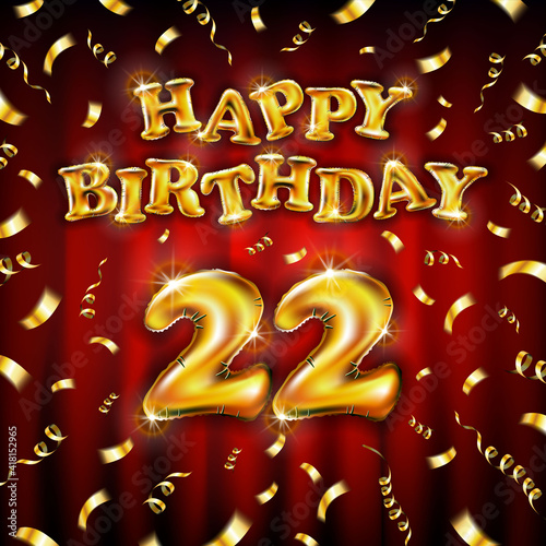 Canvas Print 22 Happy Birthday message made of golden inflatable balloon twenty two letters isolated on red background fly on gold ribbons with confetti