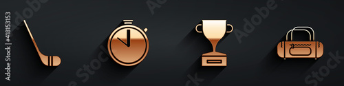 Set Ice hockey stick, Stopwatch, Award cup and Sport bag icon with long shadow. Vector.