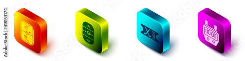 Set Isometric Air hockey table, Ice hockey rink, Hockey sports ticket and Stopwatch icon. Vector.