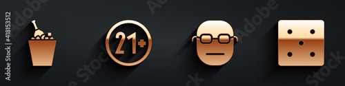 Set Champagne in an ice bucket, 21 plus, Poker player and Game dice icon with long shadow. Vector.