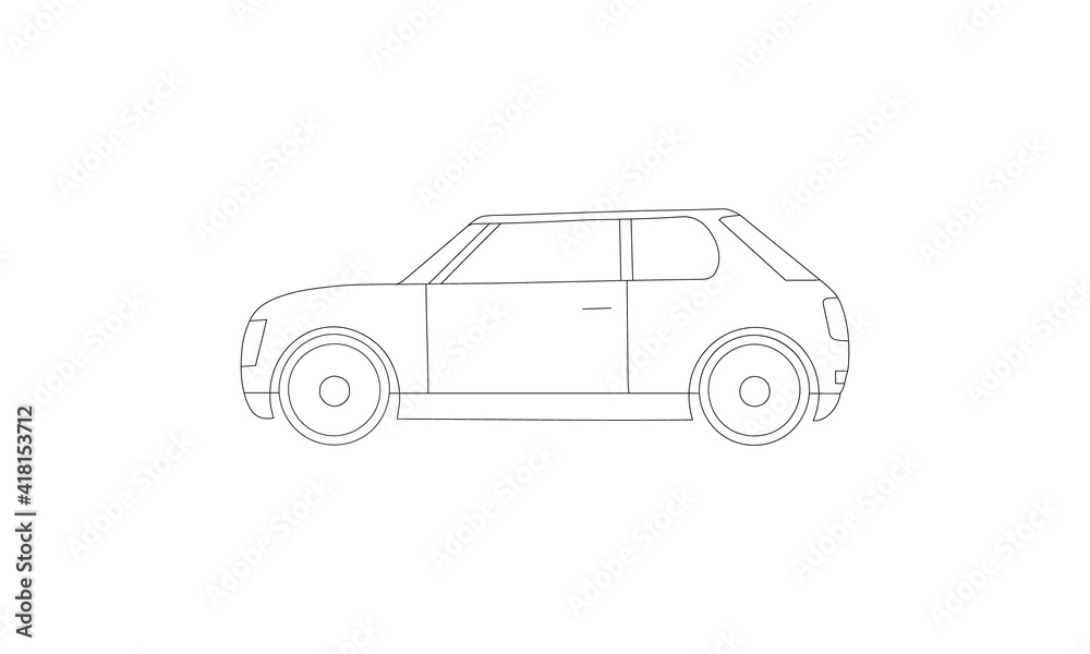 electric Petrol or gasoline car models. Two-door fuel economy compact car for couple or family usage. Side view lineart.