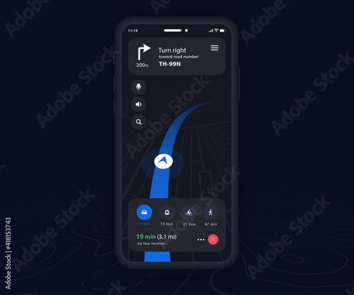 Smartphone map GPS navigation 3d app dark mode ux ui concept, Mobile map application, App search map navigation, Technology map, City street navigation maps, gps tracking, App perspective dark, Vector