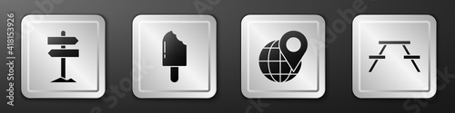 Set Road traffic signpost, Ice cream, Location on the globe and Picnic table with benches icon. Silver square button. Vector.