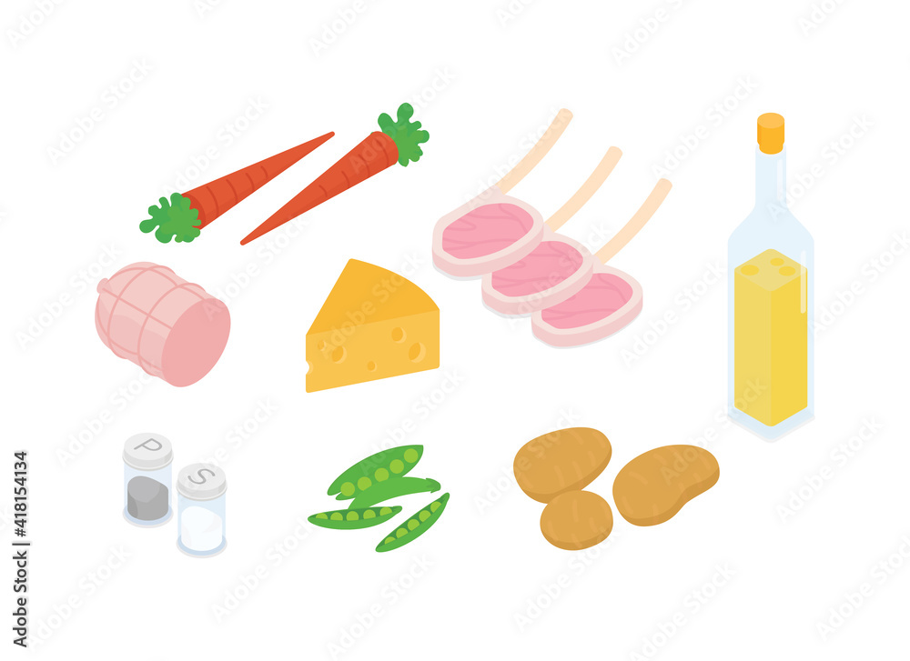 Meal preparation set. Isometric vector illustration in flat design.
