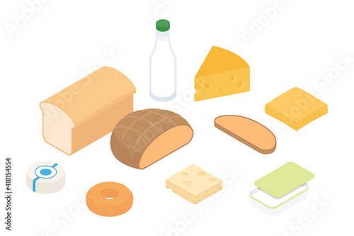 Dairy, cheeses, milk products, bread - groceries set. Isometric vector illustration in flat design.