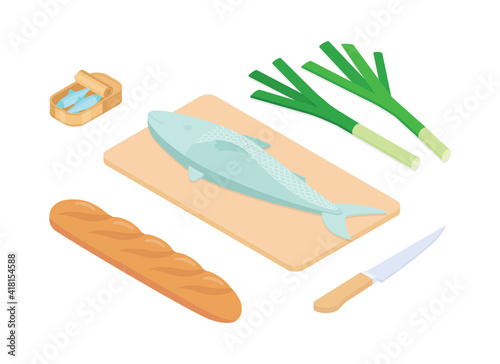 Fish meal prep set. Isometric vector illustration in flat design.