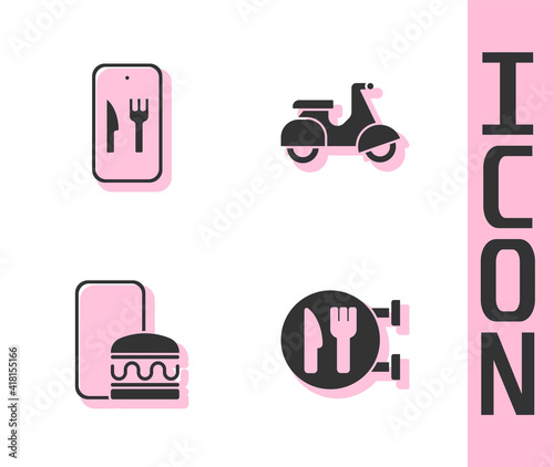 Set Cafe and restaurant location, Online ordering delivery, and Scooter icon. Vector.