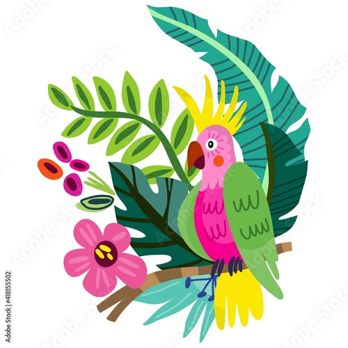 Sweet childish print with cute parrot. A lovely design with a Cute tiger, tropical plants and flowers.
