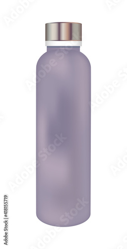 Vector realistic reusable glass water bottle in matte gray-violet design. Zero waste eco concept. Drinking water bottle isolated on a white background. Healthy sustainable and ecological lifestyle.