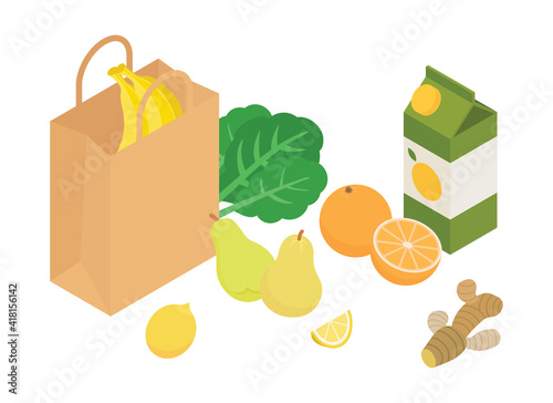 Shopping bag, groceries set. Isometric vector illustration in flat design.