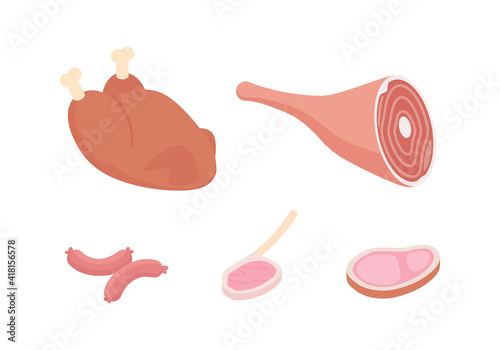 Meat and ham set, butcher shop. Isometric vector illustration in flat design.