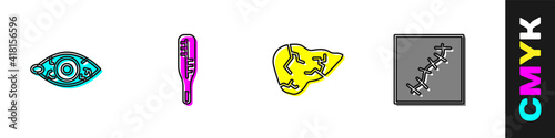 Set Reddish eye, Medical thermometer, Hepatitis virus and Scar with suture icon. Vector.