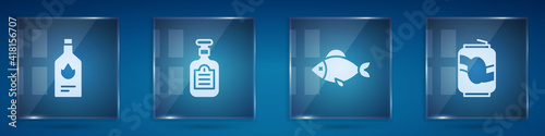 Set Tabasco sauce, Sauce bottle, Fish and Soda can. Square glass panels. Vector.