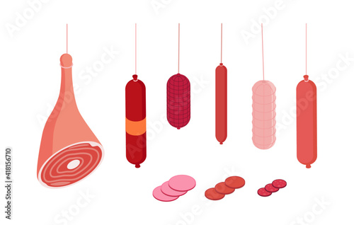 Meat and ham set, butcher shop. Isometric vector illustration in flat design.