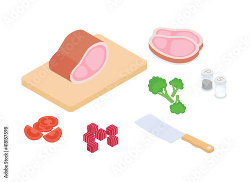 Meal preparation set. Isometric vector illustration in flat design.