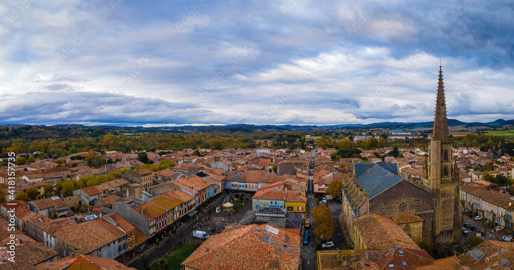 An aerial view of Mirepoix,  a commune in the Ariège department in southwestern France