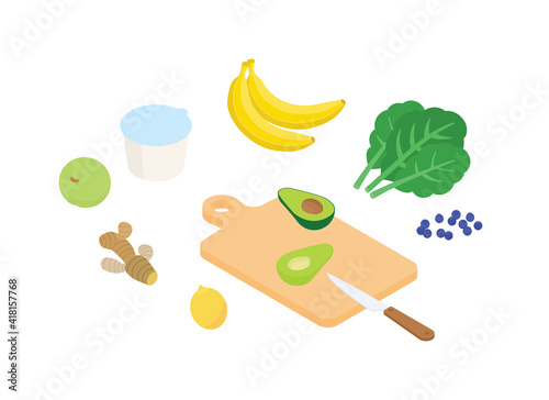 Healthy smoothie prep set. Isometric vector illustration in flat design. 