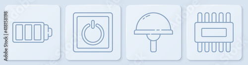 Set line Battery charge level indicator, Light emitting diode, Electric light switch and Processor with microcircuits CPU. White square button. Vector.