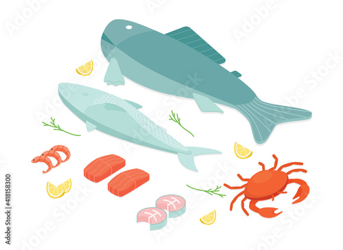 Fish and seafood set. Isometric vector illustration in flat design.