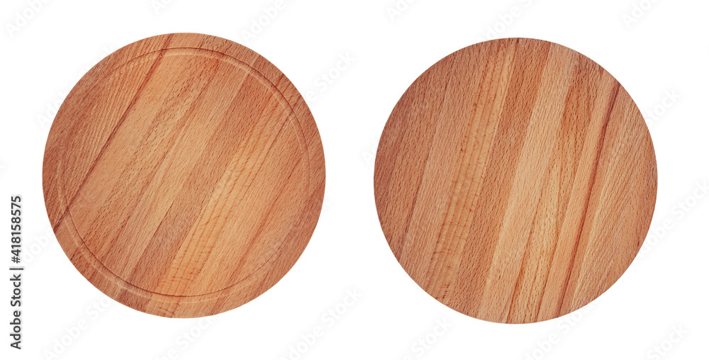 Round cutting boards for serving pizza, steak or cheese. Brown wooden chopping boards set, isolated on white Round cutting boards for serving pizza, steak or cheese. Brown wooden chopping boards set, isolated on white