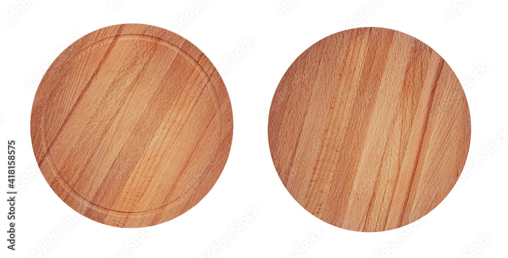 Round cutting boards for serving pizza, steak or cheese. Brown wooden chopping boards set, isolated on white