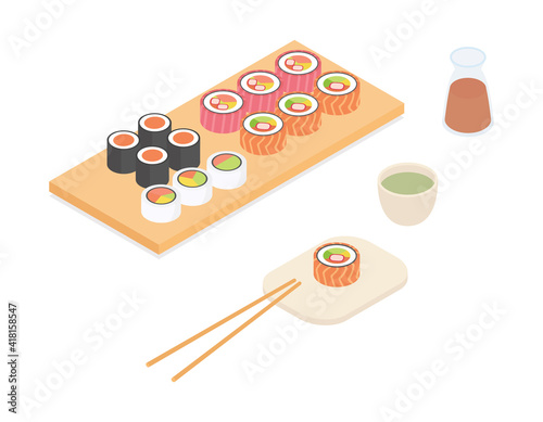 Making sushi set - fish, seafood. Isometric vector illustration in flat design.
