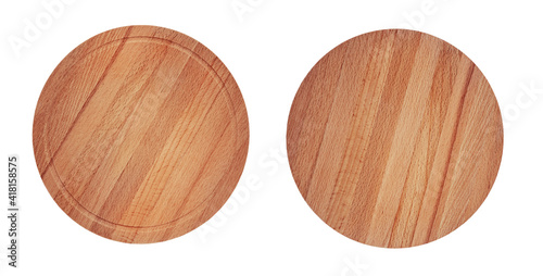 Round cutting boards for serving pizza, steak or cheese. Brown wooden chopping boards set, isolated on white