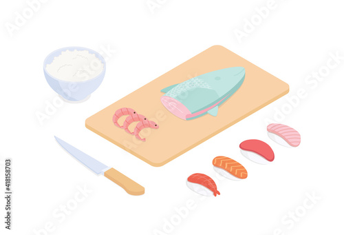 Making sushi set - fish, seafood. Isometric vector illustration in flat design.
